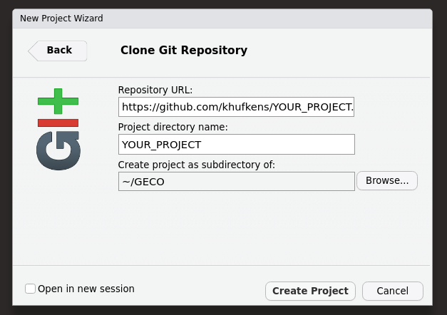 Linking the github project to a new git enabled R project